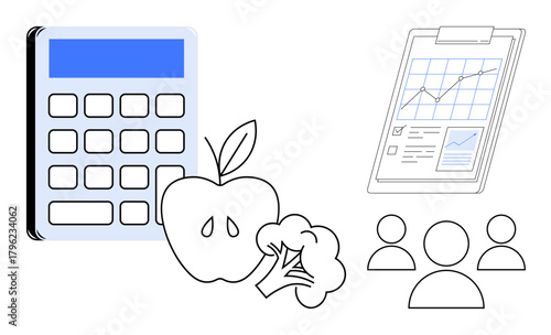 Calculator, apple, broccoli, and chart clipboard represent health, nutrition, goal setting, and progress tracking. Ideal for wellness, planning diet fitness education teamwork calculation