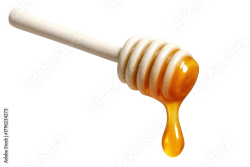 Honey dipper dripping golden sweet liquid on transparent background