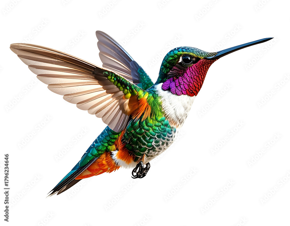 Fototapeta premium Jewel-toned hummingbird with iridescent feathers in mid-flight
