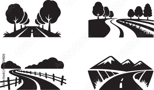 Silhouette of road rural scene with forest or field landscape for travel concept