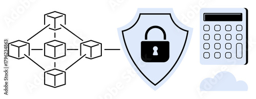 Blockchain nodes interconnected, a shield with a padlock symbol, a calculator, and a cloud. Ideal for technology, blockchain, security, finance, cryptography cloud computing and innovation