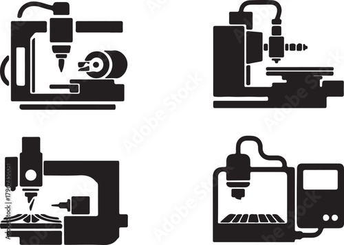 Set of cnc milling machines in black on transparent background simple illustration