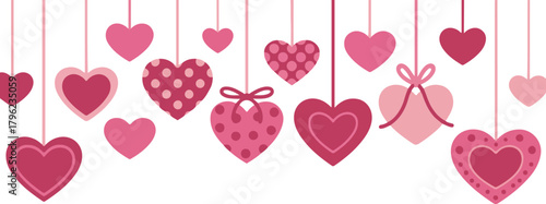 Pink hearts on strings hanging down on transparent background flat illustration