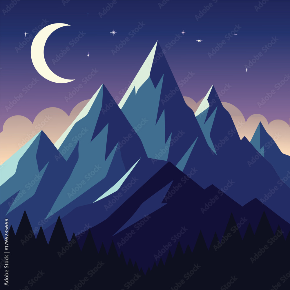 Fototapeta premium Stylized Mountain Range Under a Crescent Moon mountains