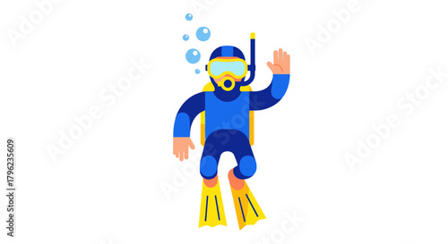 Cartoon Diver With Bubbles In Deep Waters, Waving Hand, Isolated Against Black Background