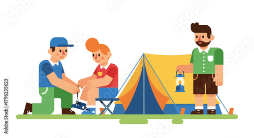 Camping Adventure: Friends Prepare for Outdoors Expedition Near the Bright Tent