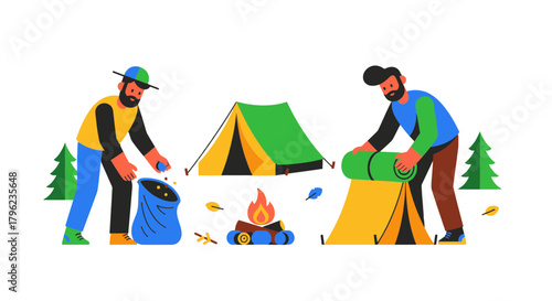 Camping Adventure: Friends Setting Up Tents And Preparing For A Wilderness Experience