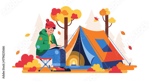 Camping Adventure Illustration Depicts Creative Pursuit Amidst Autumnal Mountain Scenery