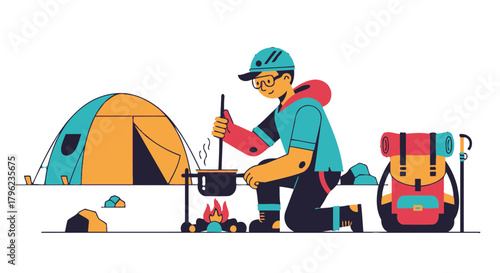 Camping Adventure Illustration Depicting A Camper Cooking And Preparing Food Outdoors