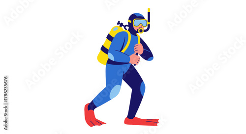 Cartoon Diver Walking Prepared for Underwater Exploration on Dark Background
