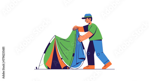 Camping Adventure Illustration Depicts Traveler Erecting Tent For Outdoor Experience