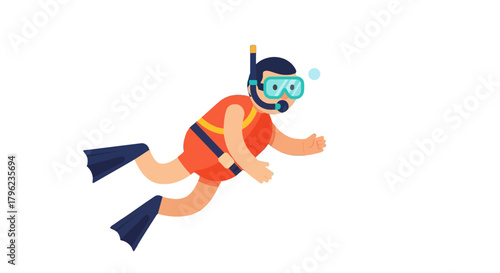 Cartoon Diver With Orange Outfit Swimming With Finns In The Black Water