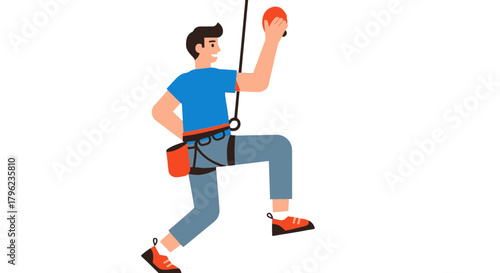 Cartoon Illustration of A Climber Scaling Up A Wall, Reaching For The Top, Overcoming Heights
