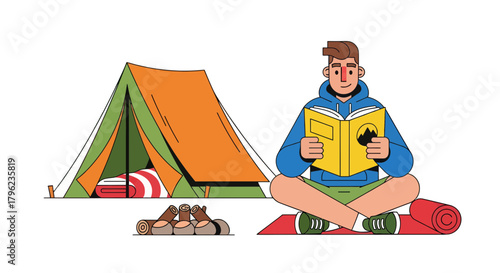 Camping Adventure: Reading a Book Peacefully Around the Tent in Nature's Serenity