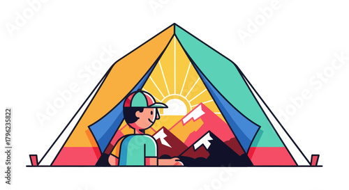 Cartoon Illustration Of A Person Camping, Enjoying Sunrise, Near Mountains In Nature