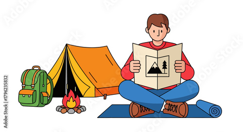 Camping Adventure: Reading Map, Tent and Backpack Preparation for Outdoor Expedition