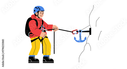 Cartoon Illustration Of A Person Climbing, With Essential Equipment For Safety And Adventure