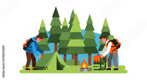 Camping Adventure: Two Adventurers Preparing Camp With Tent Near Forest and Campfire