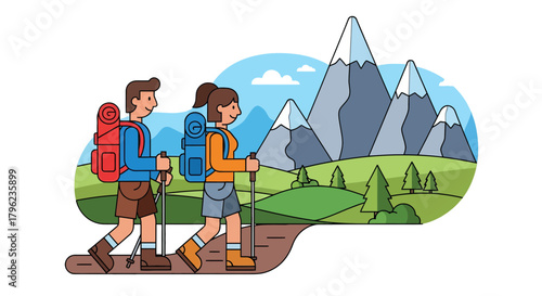 Cartoon Illustration of Hikers Exploring Majestic Mountains On A Sunny Adventure