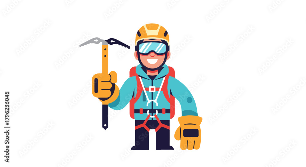 Fototapeta premium Cartoon Mountaineer Holding Ice Axe Smiling Ready to Climb a Mountain Adventure