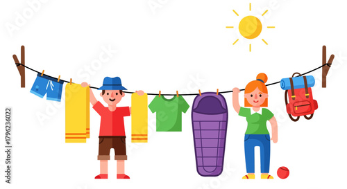 Camping Couple Hanging Clothes And Gear in Sunshine to Enjoy Summer Adventures