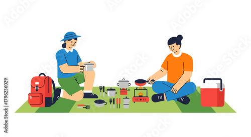 Camping Couple: Enjoying Outdoorsy Cooking Experience, Fun, Relaxed Weekend Adventure