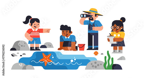 Cartoon Ocean Explorers Discovering Marine Life Near The Beautiful Seashore Scene