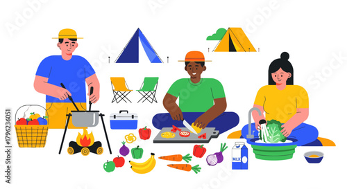 Camping Culinary Experience: Friends Prepare Meal with Fresh Food by Nature and Camp