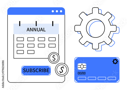 Annual plan calendar with subscription button, currency symbols, credit card, gear icon. Ideal for finance, subscription, technology, planning budgeting ecommerce automation. Simple flat metaphor