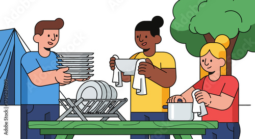 Camping Friends Cooking And Cleaning Together After a Day Of Fun And Adventure