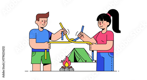 Camping Preparation: Constructing A Tent Together Under The Night Sky Outdoors