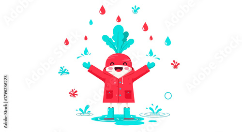 Cartoon Radish Personage Enjoying Rain and Puddles Against a Black Backdrop Illustration