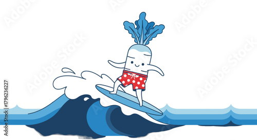 Cartoon Radish Surfer Enjoying Wonderful Waves on a Bright Sunny Beach Day