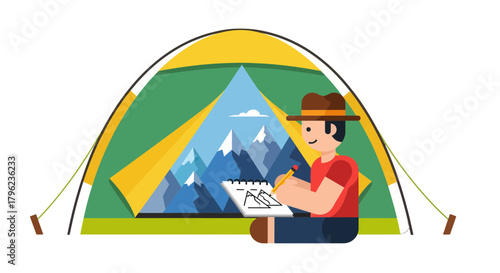 Camping Recreation: Illustrator Depicts Serene Mountainous Landscape for Creative Artwork