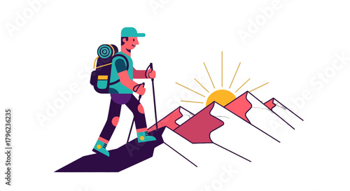 Cartoon Representation Of A Hiker Scaling Up A Mountain At Sunrise