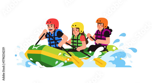 Cartoon Rafting Adventure Depicts Three Thrilled Individuals Whitewater Rafting Outdoors