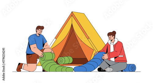 Camping Preparation: Two Friends Unfolding Sleeping Bags Outside the Tent, Ready For Adventure