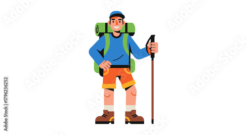 Cartoon Representation Of Hiker With Backpack Ready To Explore The Outdoors Adventure