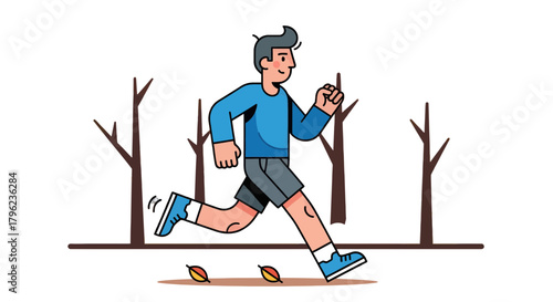 Cartoon Runner Joyfully Sprinting Through a Dark Forest, Perfect for Fitness Content