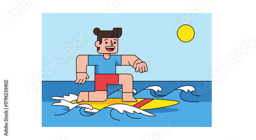 Cartoon Surfer Enjoying The Sun And Perfect Waves In The Blue Ocean Waters