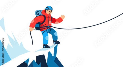 Cartoon Adventurer Climbs Snowy Peak to Reach a New Level of Achievement