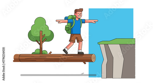 Cartoon Adventurer Balancing On Log Overlooking Scenic Waterfall, Ready For Exploration