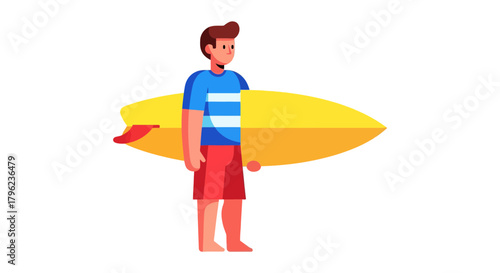 Cartoon Surfer with Yellow Surfboard on Black Background, Ready for Ocean Adventure
