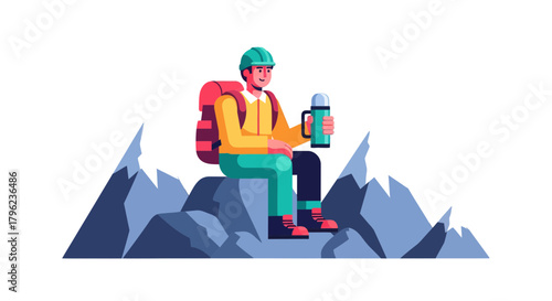 Cartoon Adventurer Enjoying Drink On Mountain Peak With Backpack And Bottle Graphic Illustration