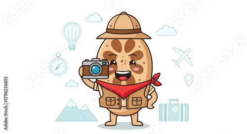 Cartoon Adventurer Holding Camera Surrounded By Travel Icons In A Black Backdrop