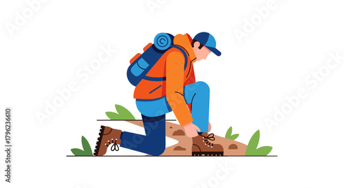 Cartoon Adventurer Kneeling To Tie Shoe, Ready For Outdoor Trekking Journey Start Exploration
