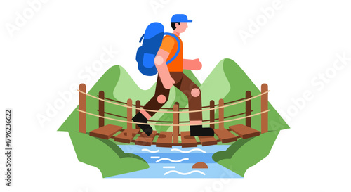 Cartoon Traveler Crossing A Wooden Bridge, Embarking on A Mountain Adventure Journey