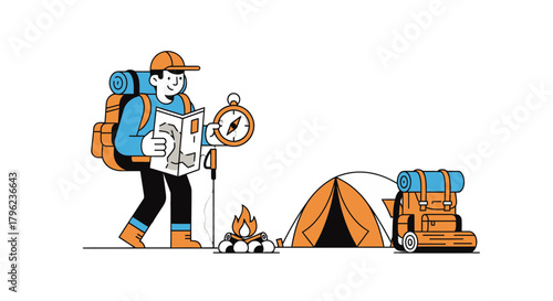 Cartoon Adventurer Navigating, Tent, Campfire, And Backpack, Hiking In Nature