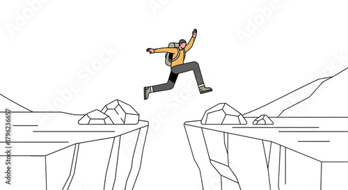 Cartoon Adventurer Leaping Over Gap Depicting Overcoming Challenges and Goals