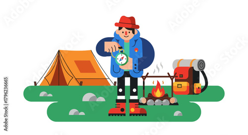 Cartoon Adventurer On a Camping Trip Navigating With a Compass in the Wilderness